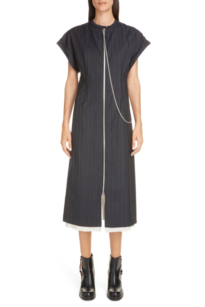 Di Chain Detail Pinstripe Midi Dress, Main, color, NAVY BLUE