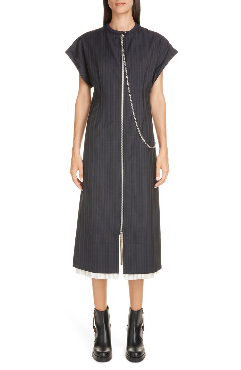 Acne Studios Di Chain Detail Pinstripe Midi Dress, Main, color, 