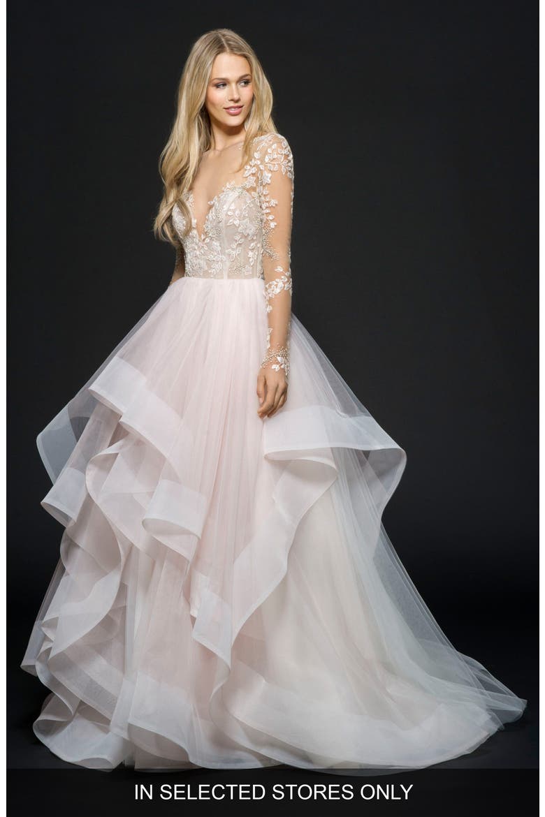 Lorelei Long Sleeve Embroidered Tulle Ballgown Wedding Dress, Main, color, ROSEWATER