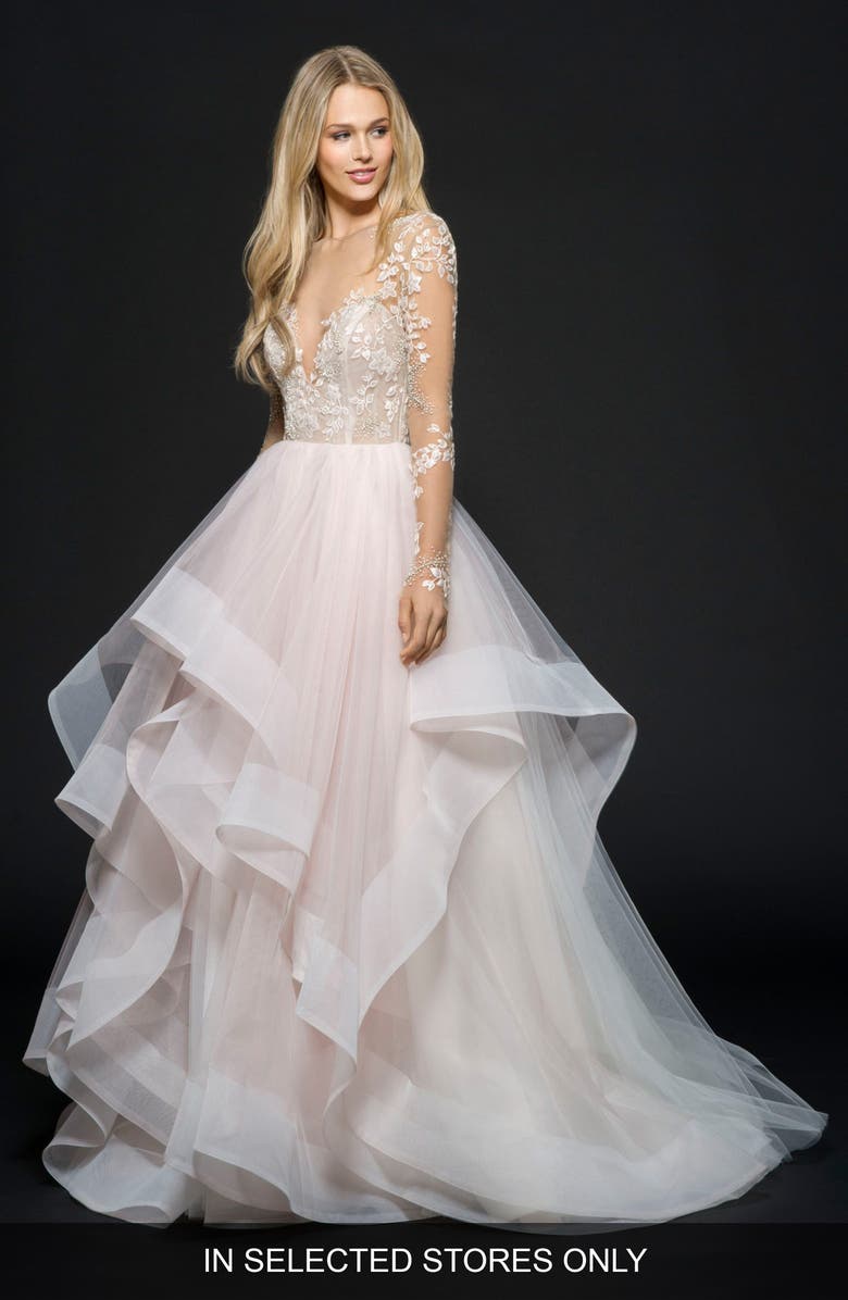 Hayley Paige Lorelei Long Sleeve Embroidered Tulle Ballgown Wedding Dress, Main, color, 