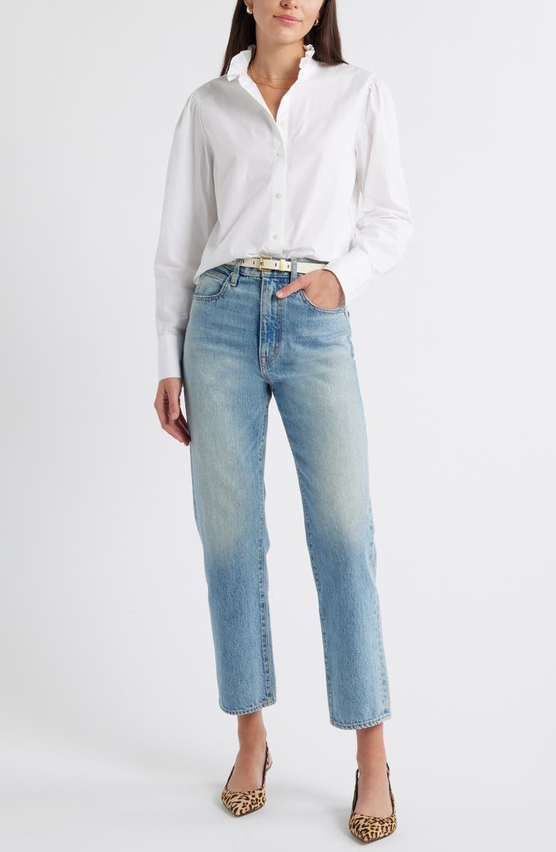 Caslon<sup>®</sup> Ruffle Puff Sleeve Cotton Button-Up Shirt, Alternate, color, White