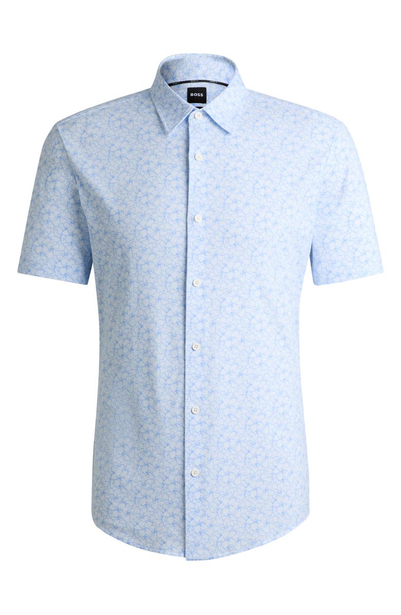 BOSS Roan Floral Short Sleeve Stretch Button-Up Shirt, Alternate, color, Light Blue