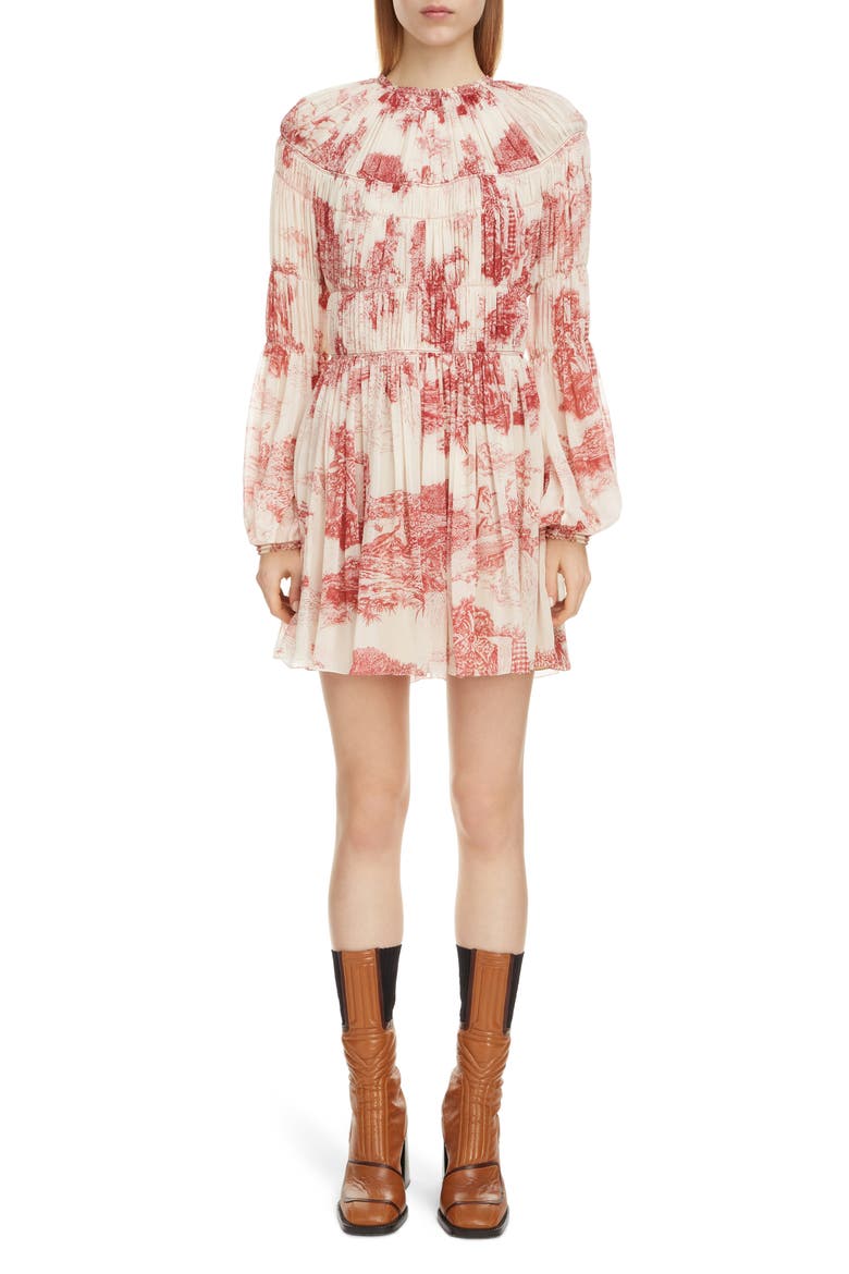 Toile Long Sleeve Smocked Silk Georgette Minidress, Main, color, WHITE - RED 1