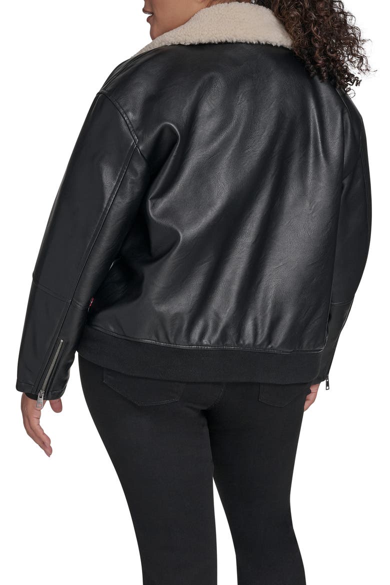 Faux Leather Bomber Jacket with Faux Shearling Collar, Alternate, color, BLACK