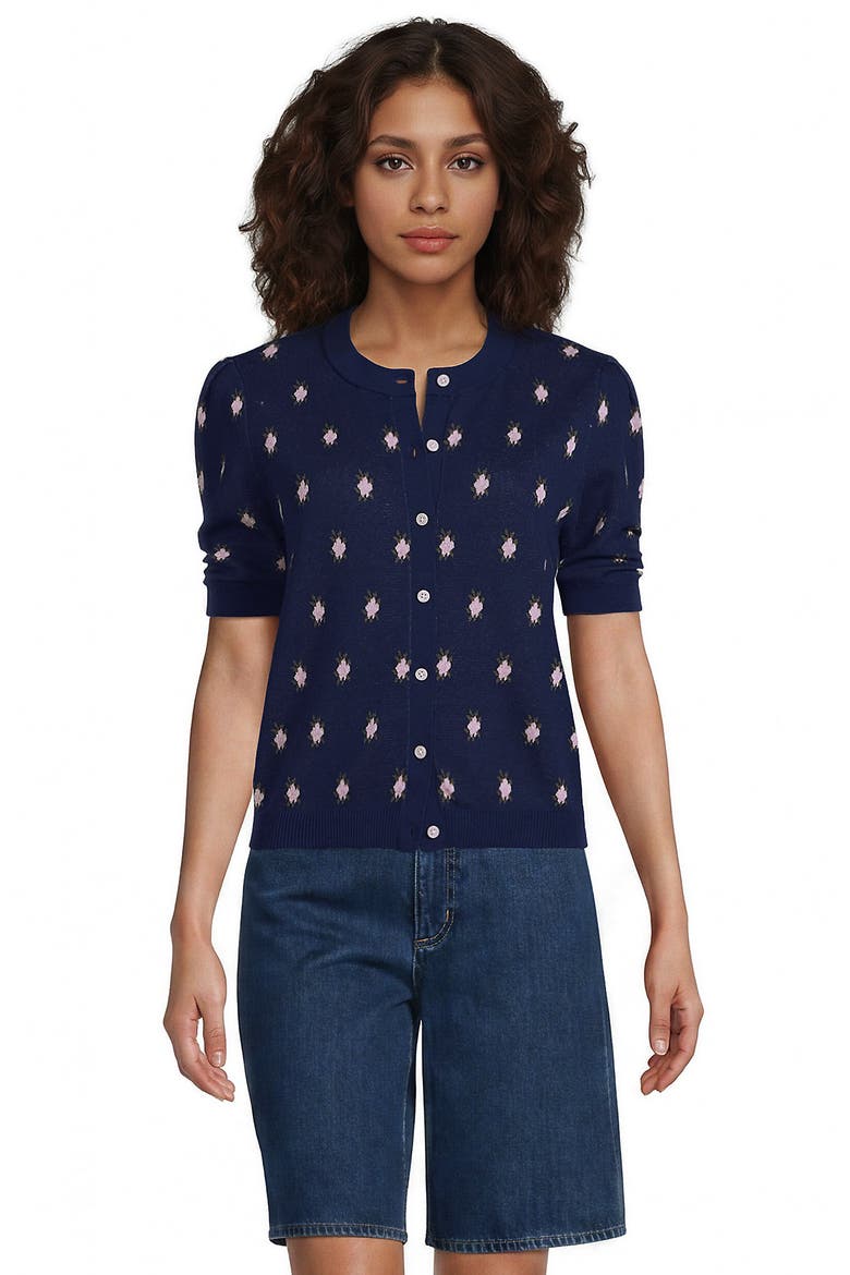 Ruched Sleeve Cardigan Sweater, Alternate, color, Blue/Pink Florals