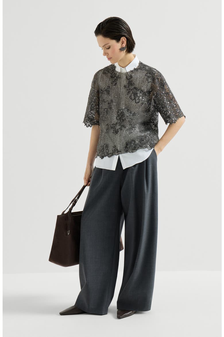Dazzling lace embroidery t-shirt in sparkling mohair and wool, Alternate, color, Dark Grey