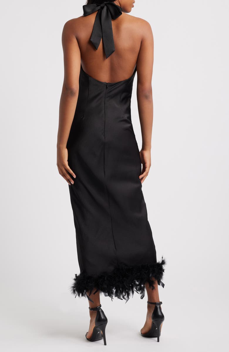 Rare London Feather Trim Halter Satin Cocktail Midi Dress, Alternate, color,