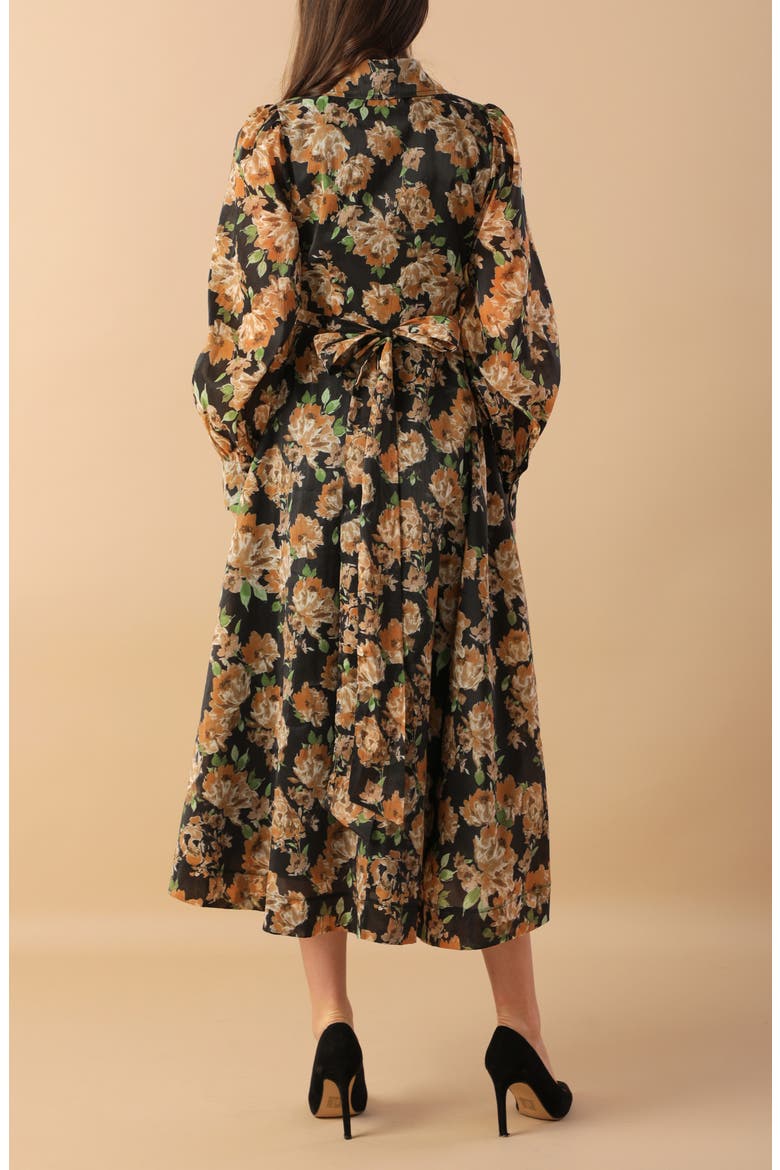 Floral Print Long Sleeve Midi Wrap Dress, Alternate, color, BLACK