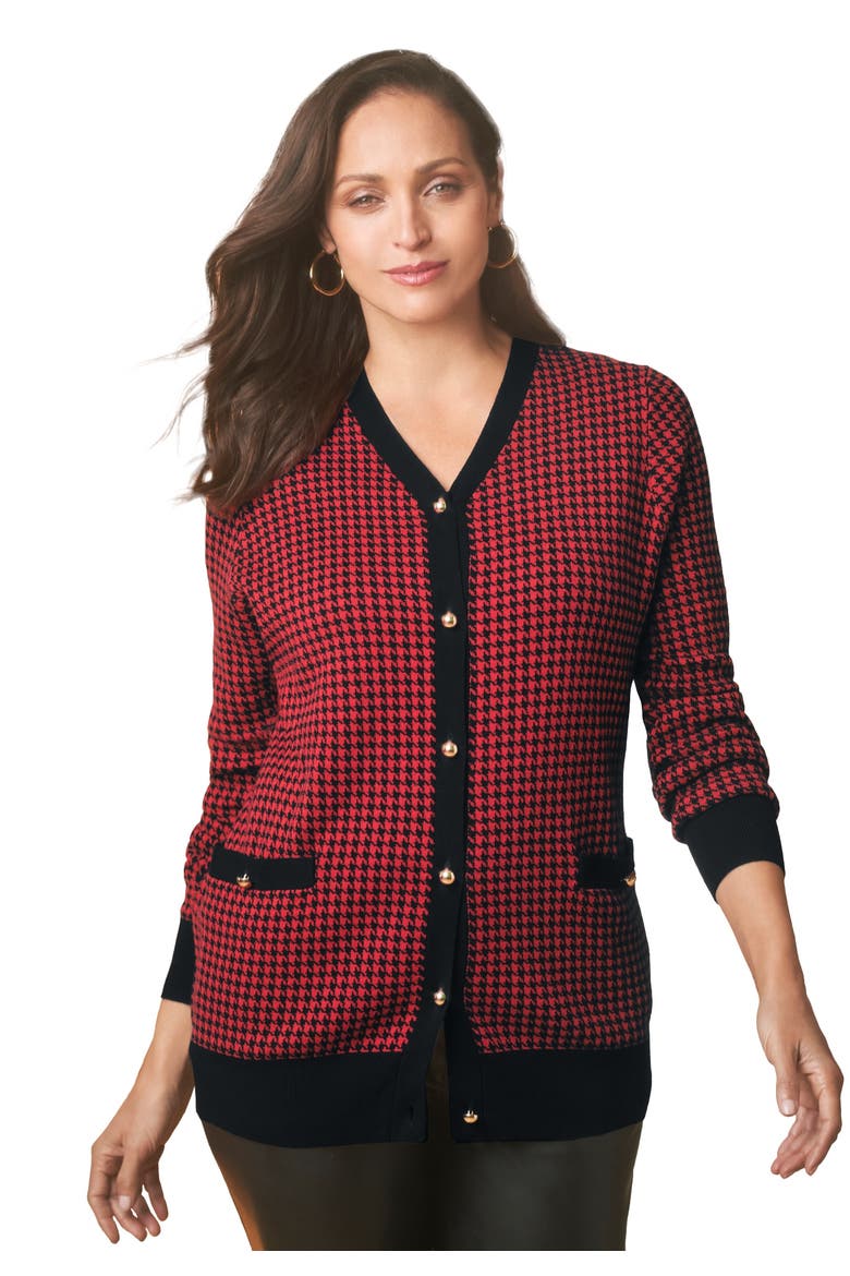 V-Neck Cardigan Sweater, Main, color, RED & BLACK SMALL HOUNDSTOOTH