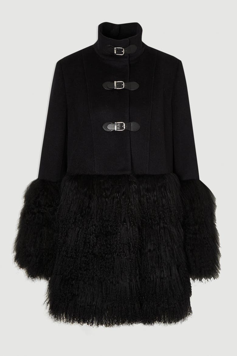 Brushed Wool Buckle Detail Short Coat, Alternate, color, Black