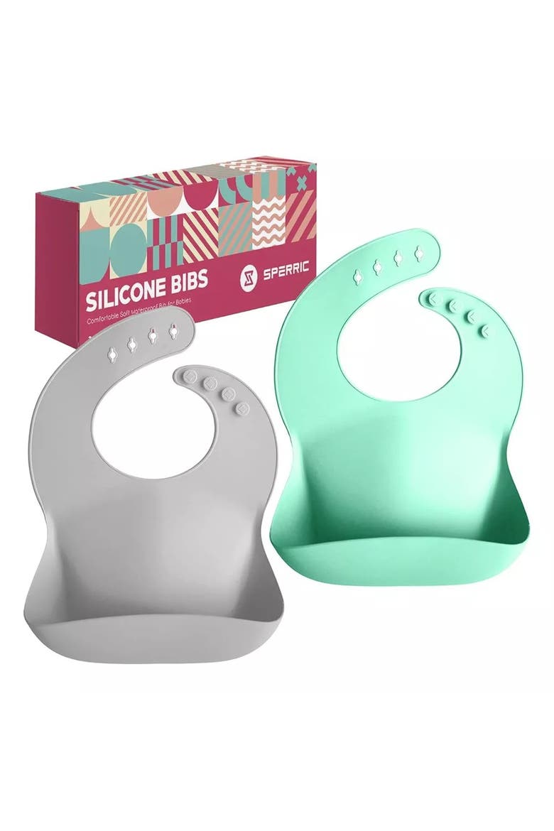 Silicone Baby Bib Set Waterproof Adjustable Food Catcher 2 Piece, Alternate, color, Light Blue & Cool Gray