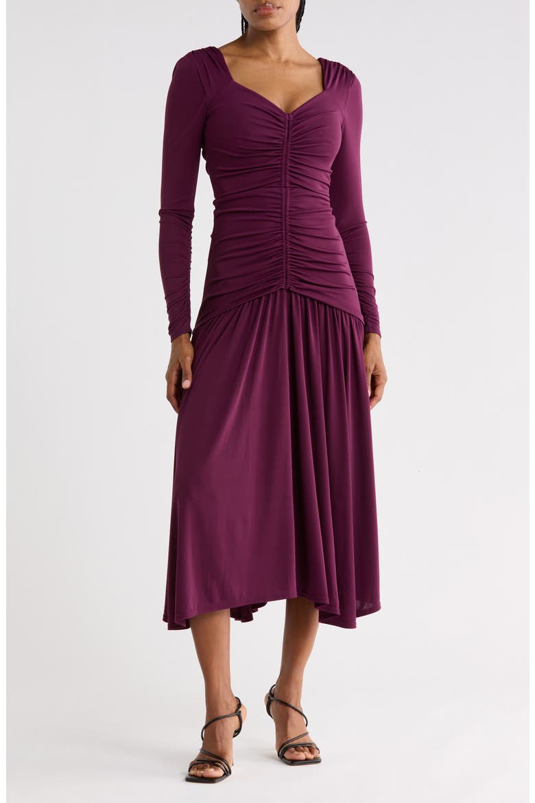 Evedene Ruched Long Sleeve Midi Dress, Main, color, DEEP PLUM