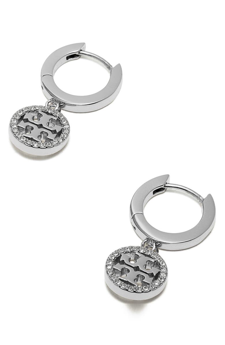 Tory Burch Icon Pavé Clip-On Hoop Earrings, Alternate, color, Tory Silver / Crystal