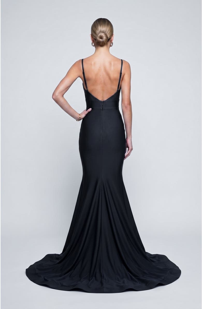 Jessica Angel Ruched Plunge Neck Mermaid Evening Gown, Alternate, color, Black
