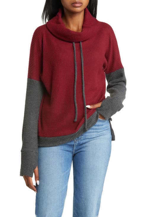 Cowl Neck Waffle Knit Pullover