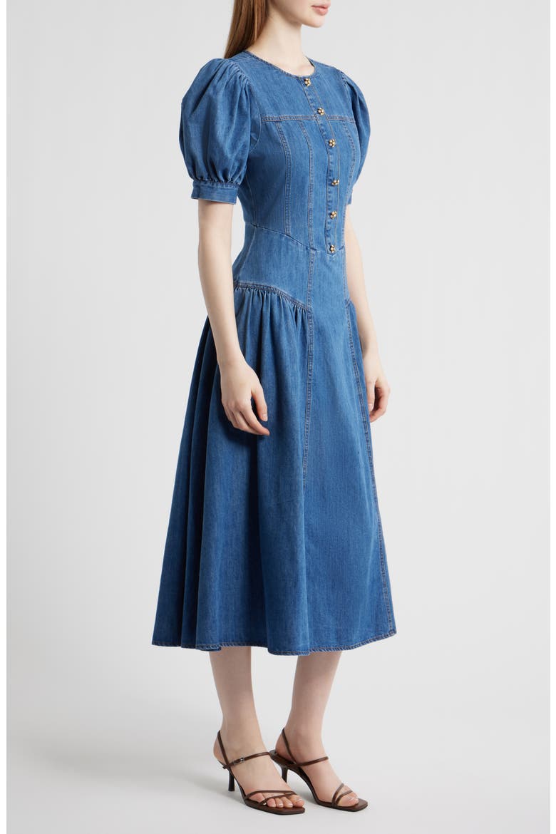 Cotton Blend Puff Sleeve Denim Midi Dress, Alternate, color, DENIM