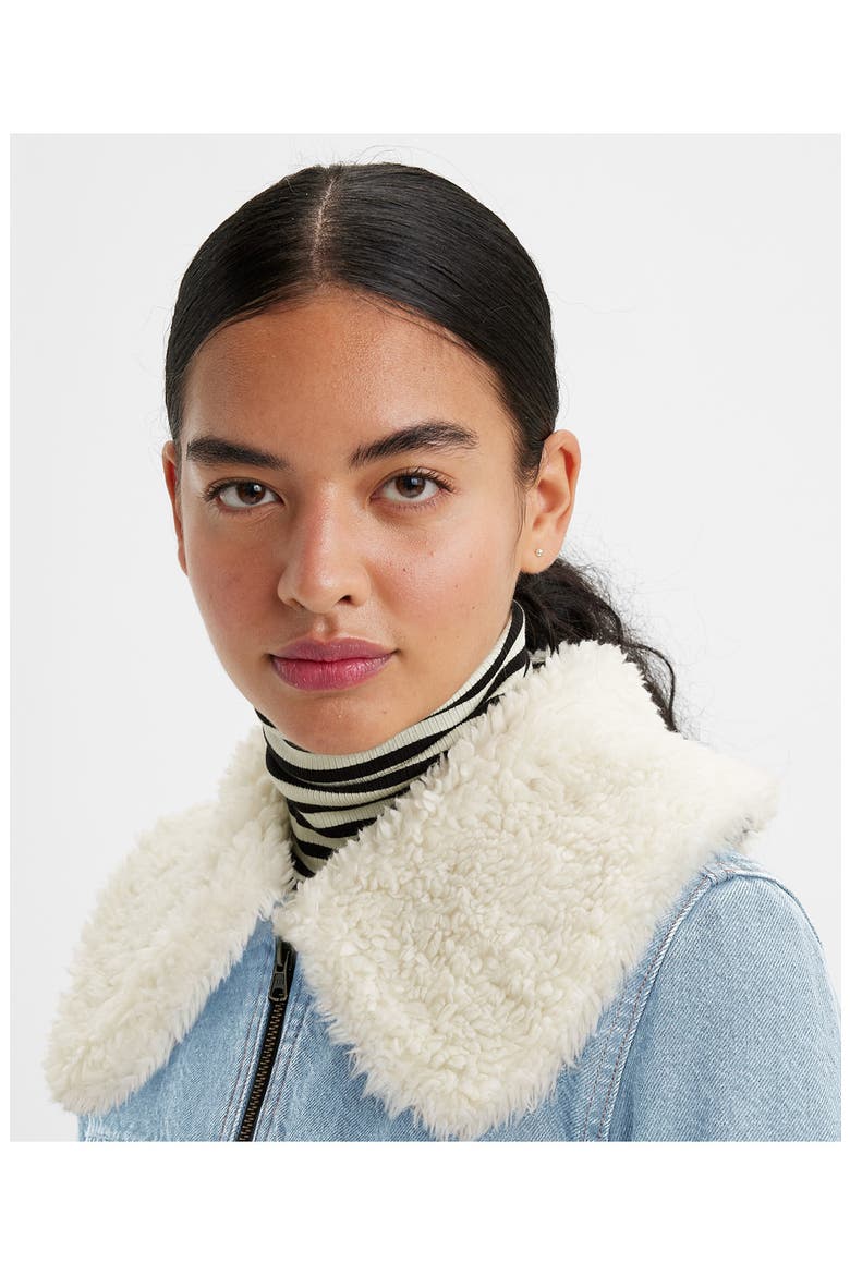 Retro Faux Fur Trim Zip-Up Denim Trucker Jacket, Alternate, color, Z2328 LIGHT INDIGO WORN IN