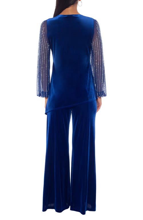 Marina Velvet Embellished Sleeve Top & Flare Pants Set In Blue