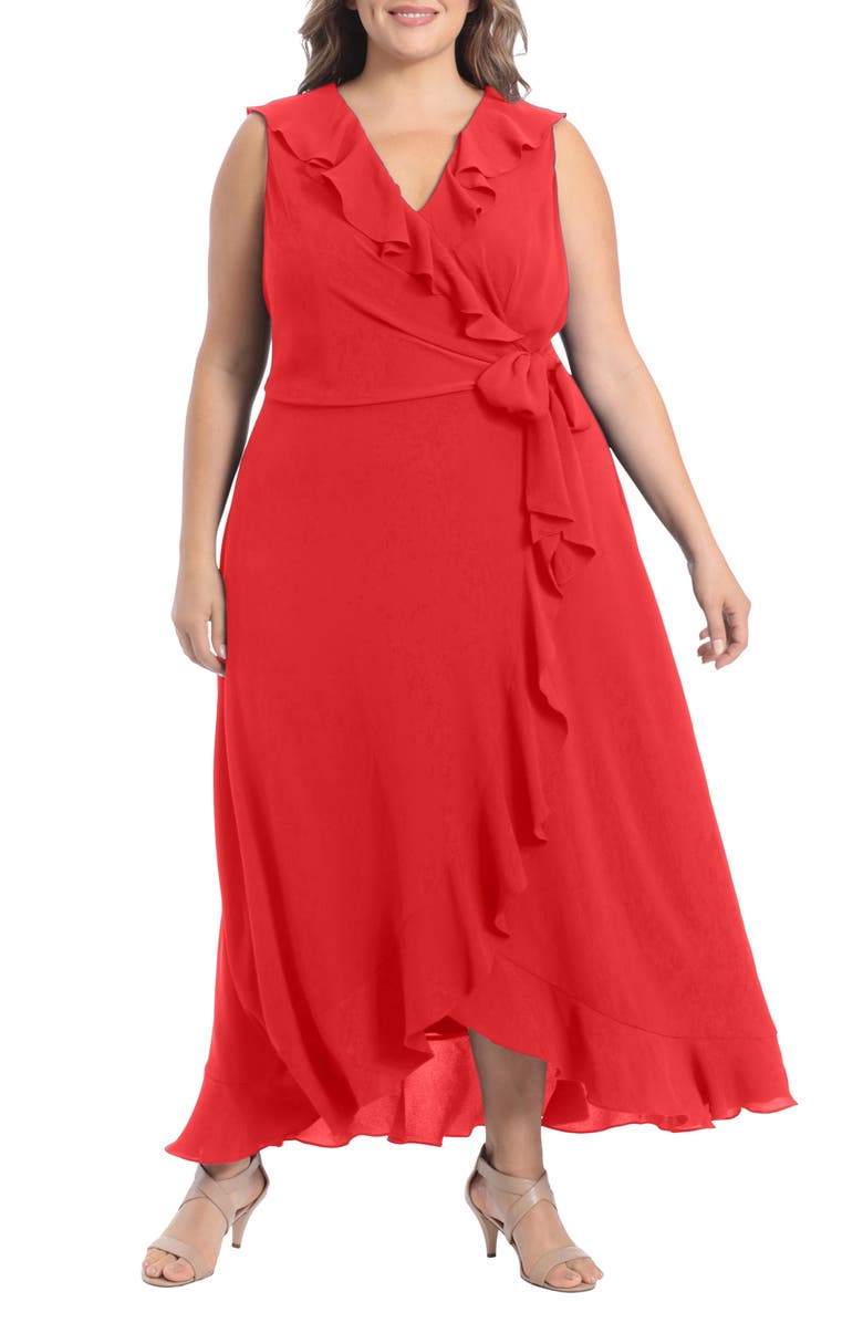 London Times Ruffle Sleeveless Faux Wrap Maxi Dress, Main, color, 