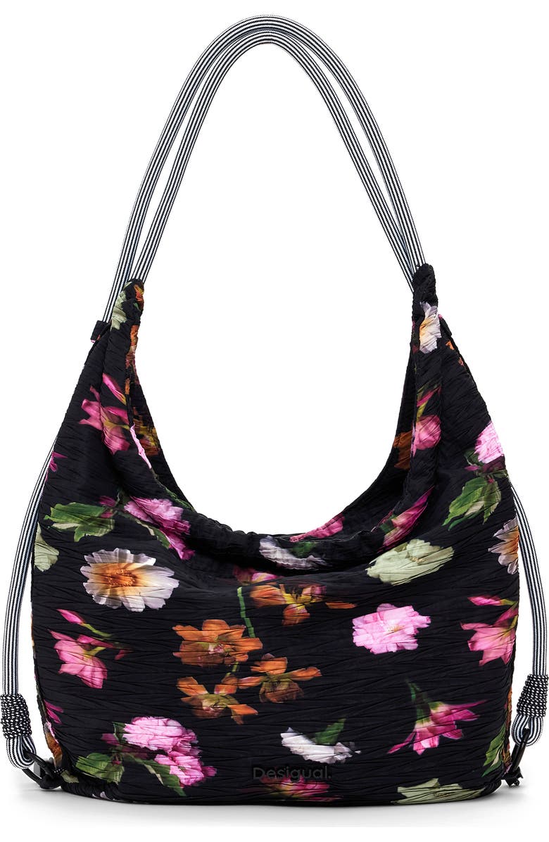Desigual Ruched Floral Shoulder Bag, Main, color, Black
