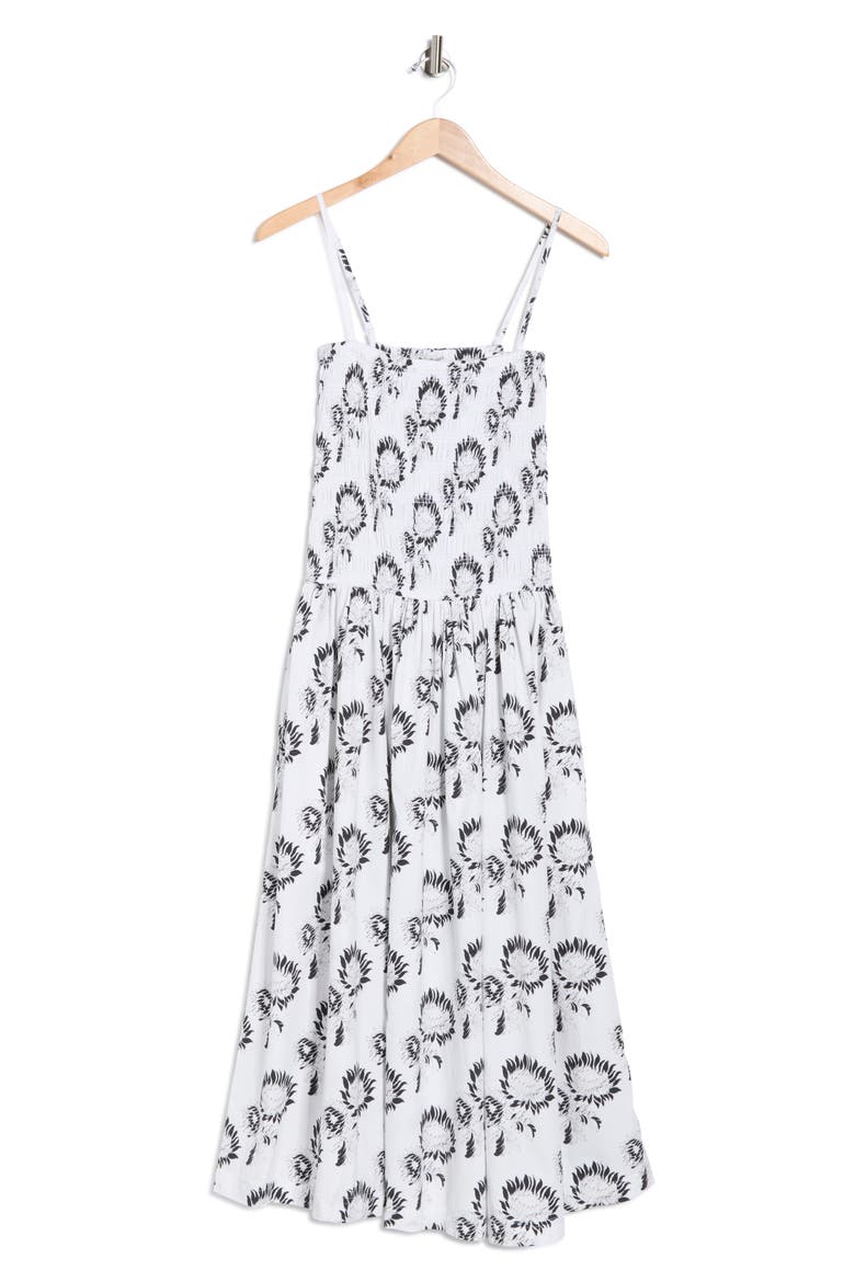 Peony Smocked Cotton Midi Sundress, Alternate, color, GRAPHIC SUNFLOWERS WHITE