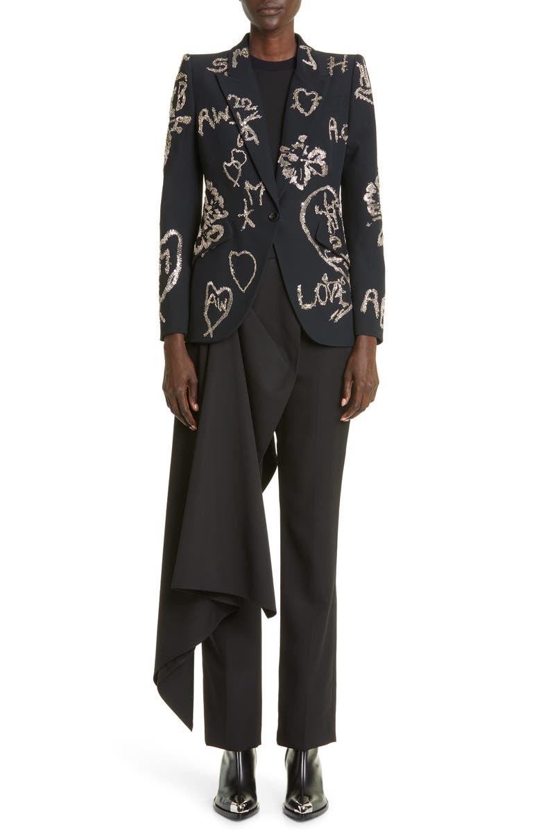 McQueen Embellished Single Breasted Crepe Blazer, Alternate, color,