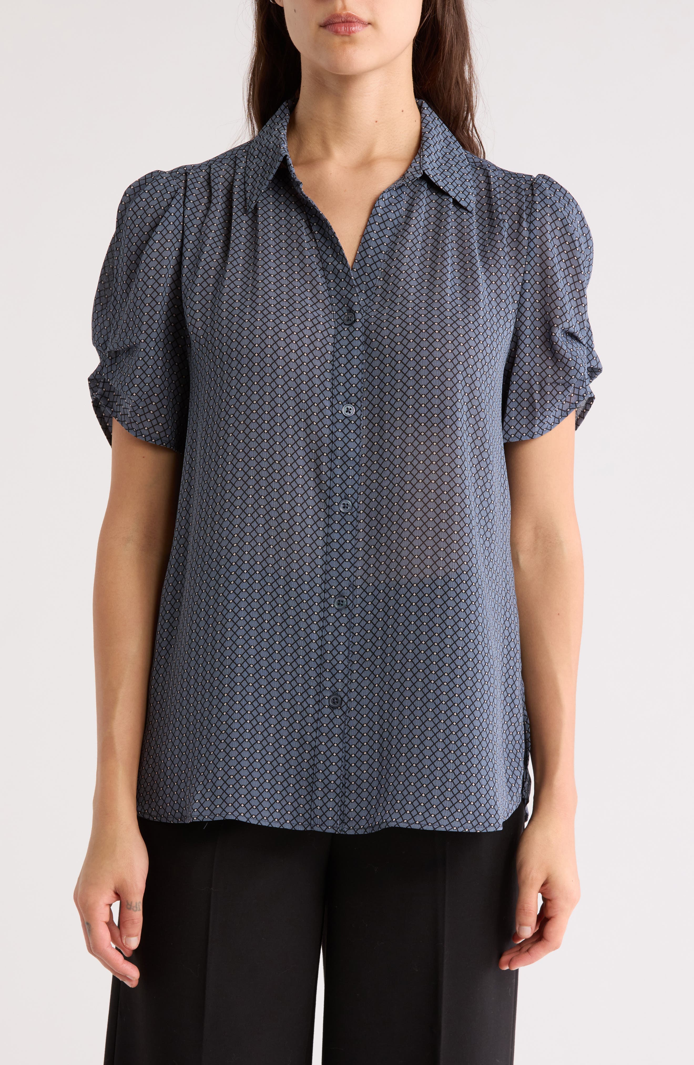 Adrianna Papell Patterned Pinch Sleeve Button-Up Shirt