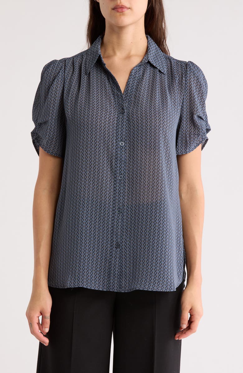 Adrianna Papell Patterned Pinch Sleeve Button-Up Shirt, Main, color, Dusty Blue Diamond Interlock