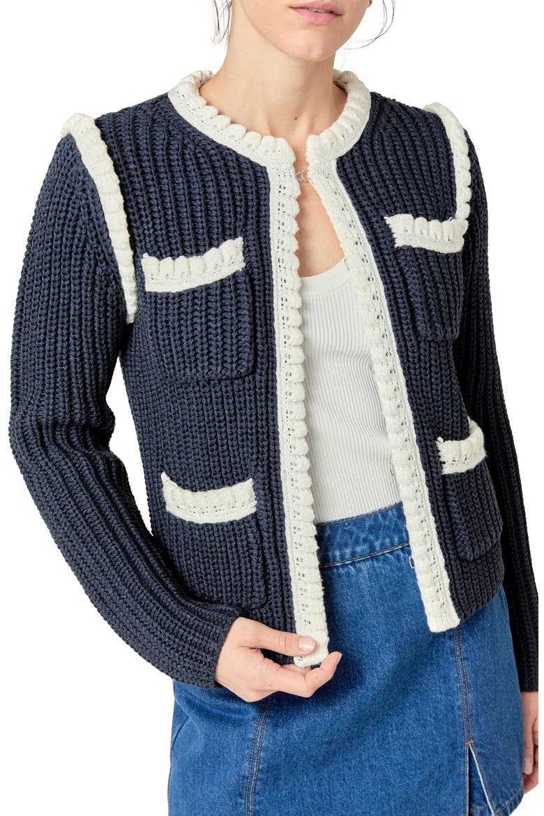 Colorblock Braided Cardigan, Alternate, color, NAVY/ WHITE