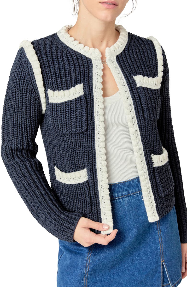 English Factory Colorblock Braided Cardigan, Alternate, color, Navy/ White