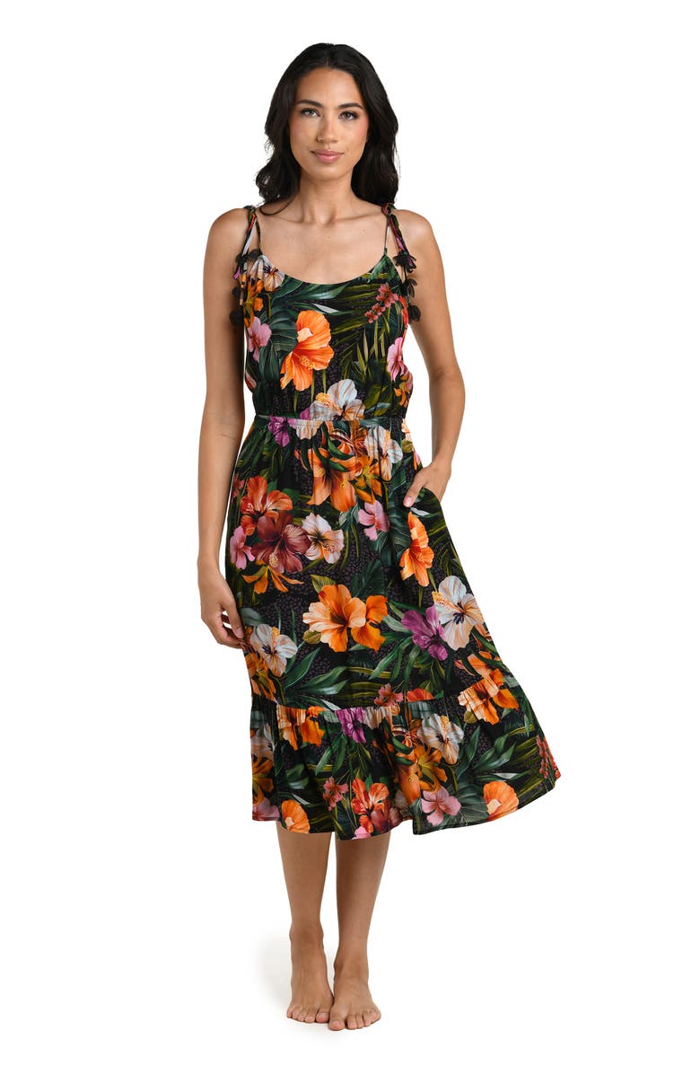 La Blanca Tropical Hideaway Tie Strap Cover-Up Midi Dress, Alternate, color, Multi