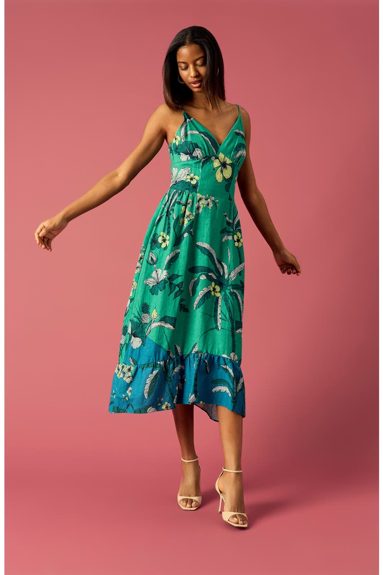 Floral Linen Blend Fit & Flare Midi Dress, Alternate, color, SPECTRUM GREEN/ TEAL BLUE
