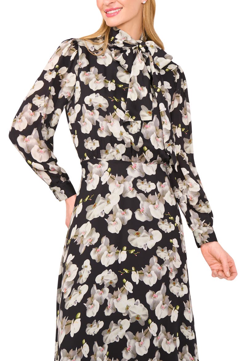 Floral Tie Neck Long Sleeve Dress, Alternate, color, RICH BLACK
