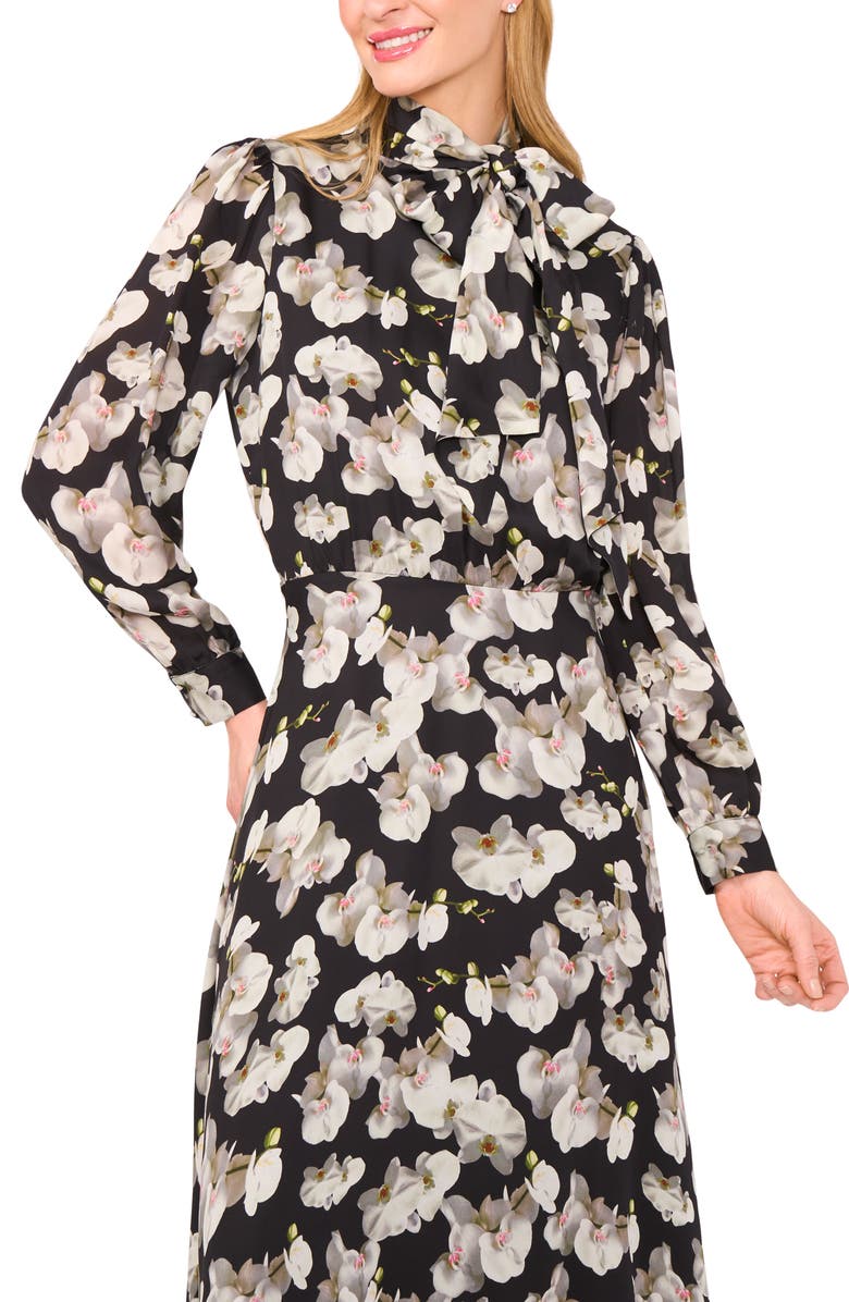 Ted Baker Floral Tie Neck Long Sleeve Dress, Alternate, color, Rich Black