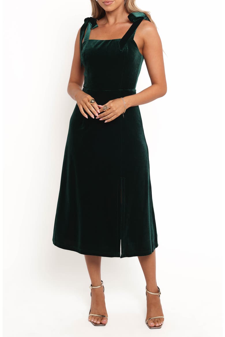 Laurel Tie Shoulder A-Line Velvet Midi Dress, Main, color, EMERALD GREEN