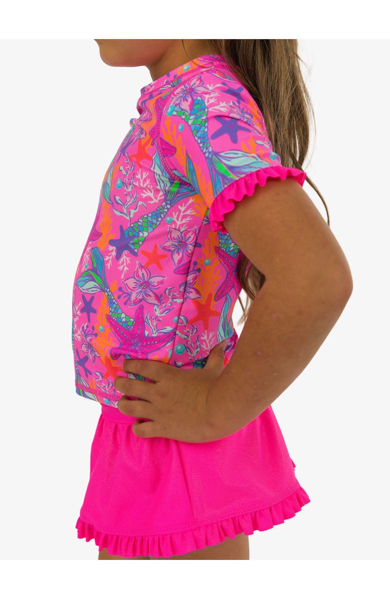 RuffleButts Toddler Girls Short Sleeve Ruffle UPF50+ Rash Guard Skirted 2-Piece, Alternate, color, Neon Shimmer Mermaid