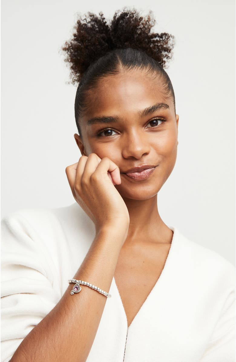 UNODE50 Beaded Stretch Bracelet with Heart and Pink Crystal, Alternate, color, Silver