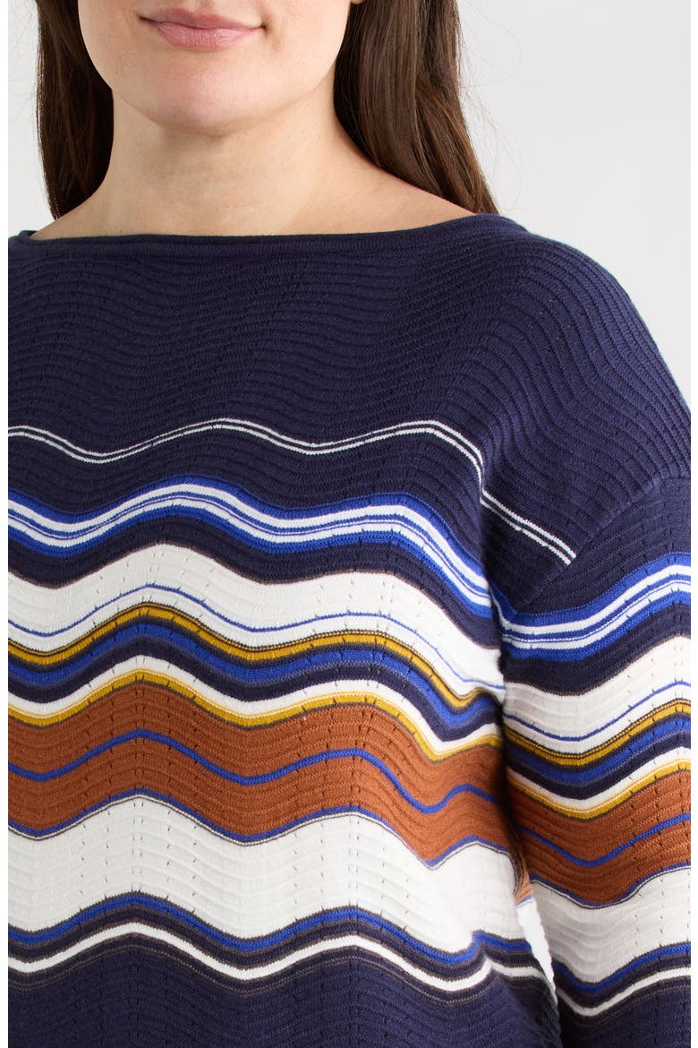 Scalloped Hem Sweater, Alternate, color, NAVY/ BROWN MULTI STRIPE