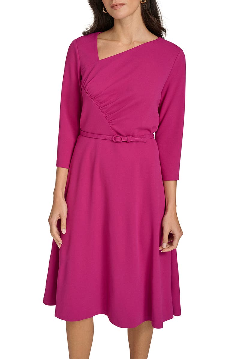 Calvin Klein Asymmetric Neck Belted Fit & Flare Midi Dress, Alternate, color, Boysenberrys