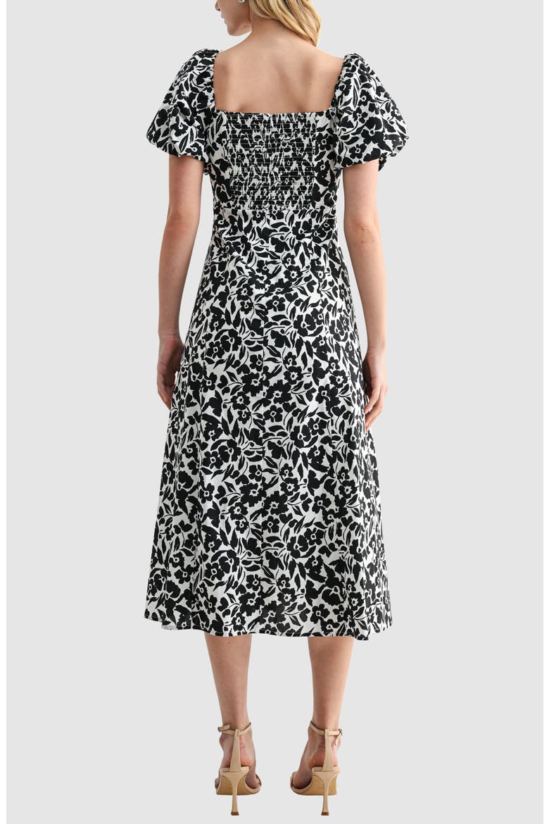 Floral Puff Sleeve A-Line Midi Dress, Alternate, color, WHITE BLACK FLORAL