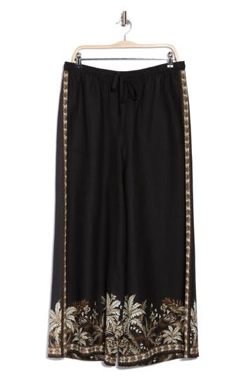 Max Studio Border Print Linen Blend Pants In Black Multi