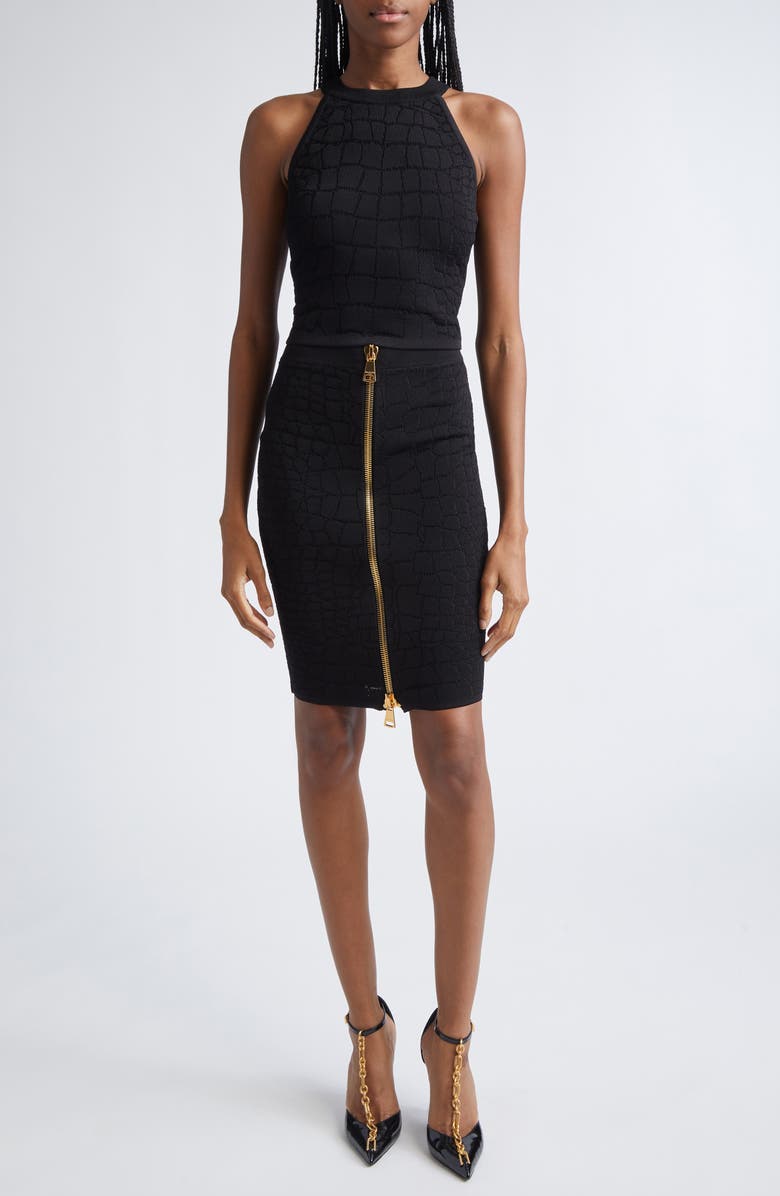 Balmain Croco Jacquard Zip Front Pencil Skirt, Alternate, color, Black