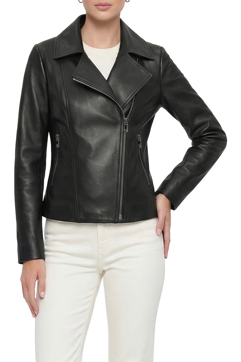 Genuine Nappa Leather Moto Zip Jacket, Alternate, color, BLACK