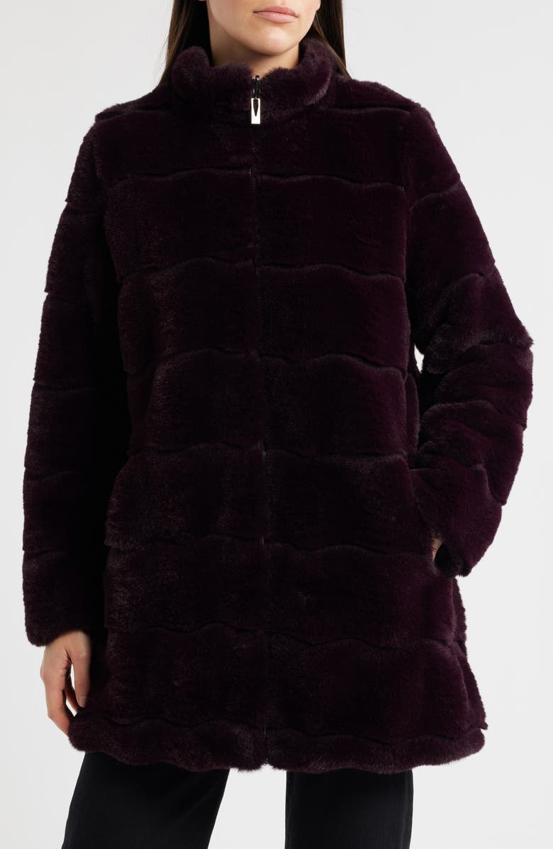 Via Spiga Wavy Reversible Faux Fur Quilted Coat, Main, color, Burgundy
