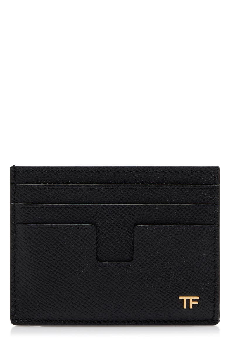 T-Line Small Grain Calfskin Leather Card Holder, Main, color, BLACK