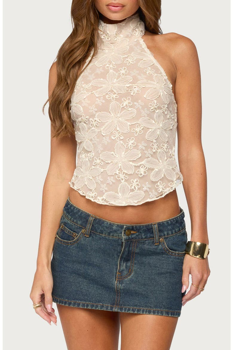 Ziara Floral Embroidered Sheer Mesh Halter Top, Main, color, CREAM