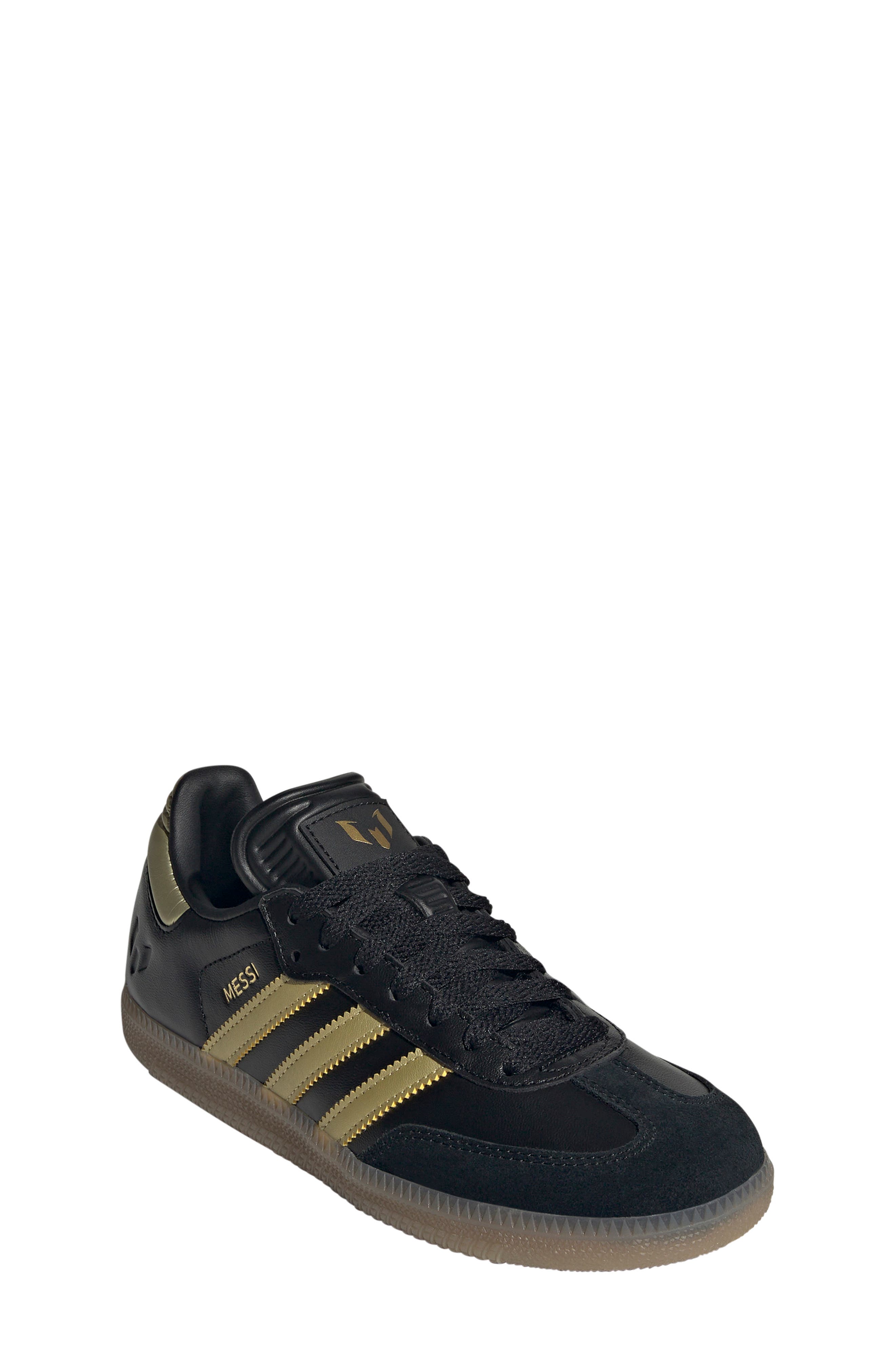 adidas Kids' Samba Messi Indoor Soccer Shoe, Main, color, Black/ Gold Metallic/ Gum