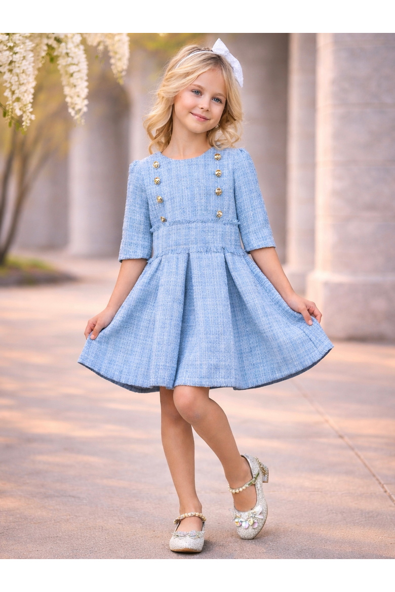 Bluebell Pearl Button Tweed Party Dress, Alternate, color, Blue