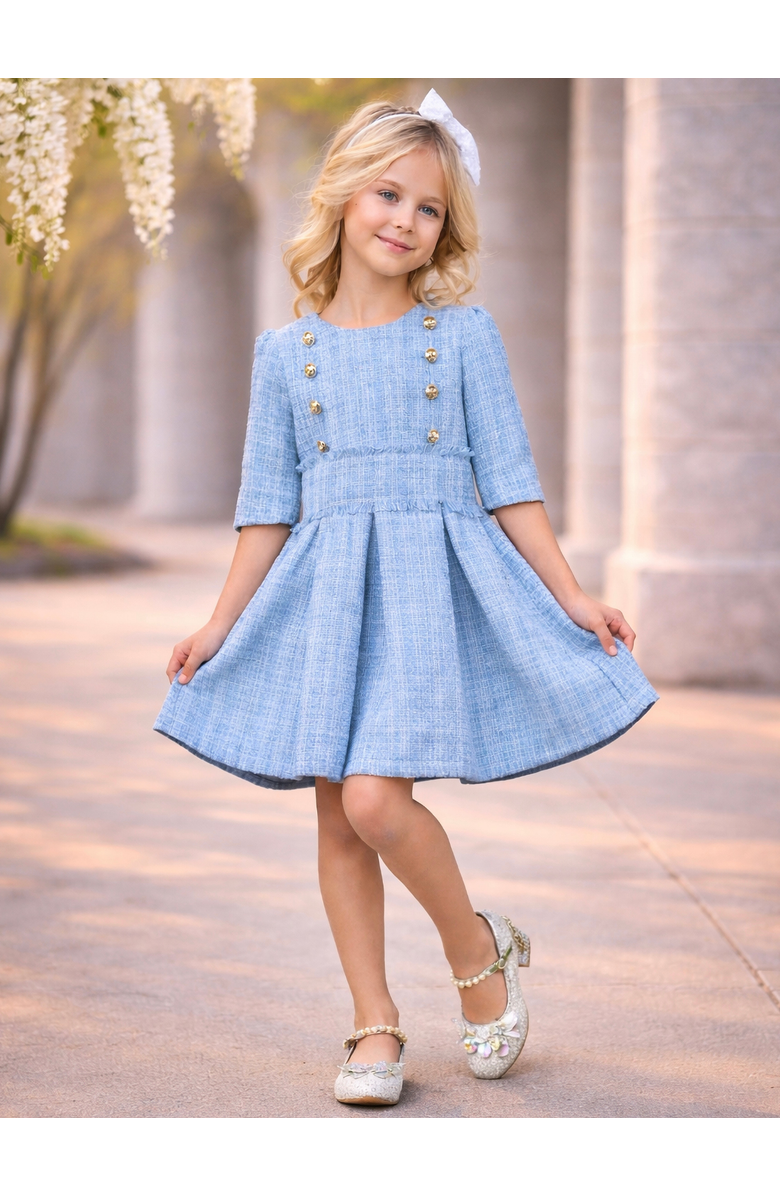 Mia Belle Girls Bluebell Pearl Button Tweed Party Dress, Alternate, color, Blue