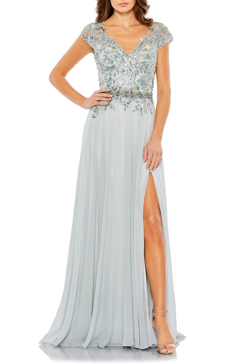 Embellished Cap Sleeve Bodice Chiffon Gown, Main, color, SEAMIST